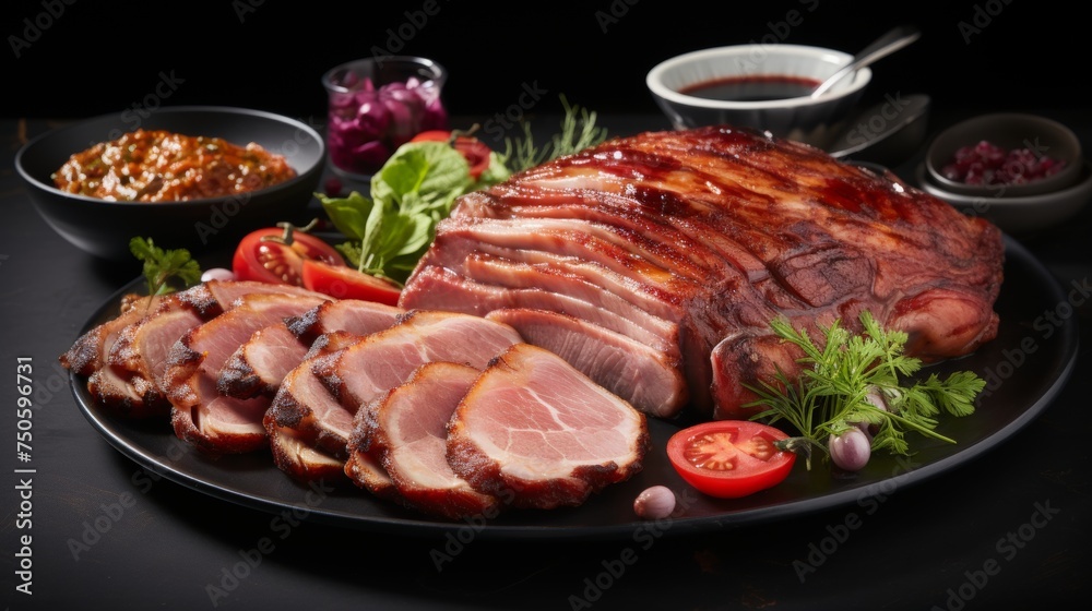 Grilled ham steak on black plate, perfect for food lovers, with space for text or design elements