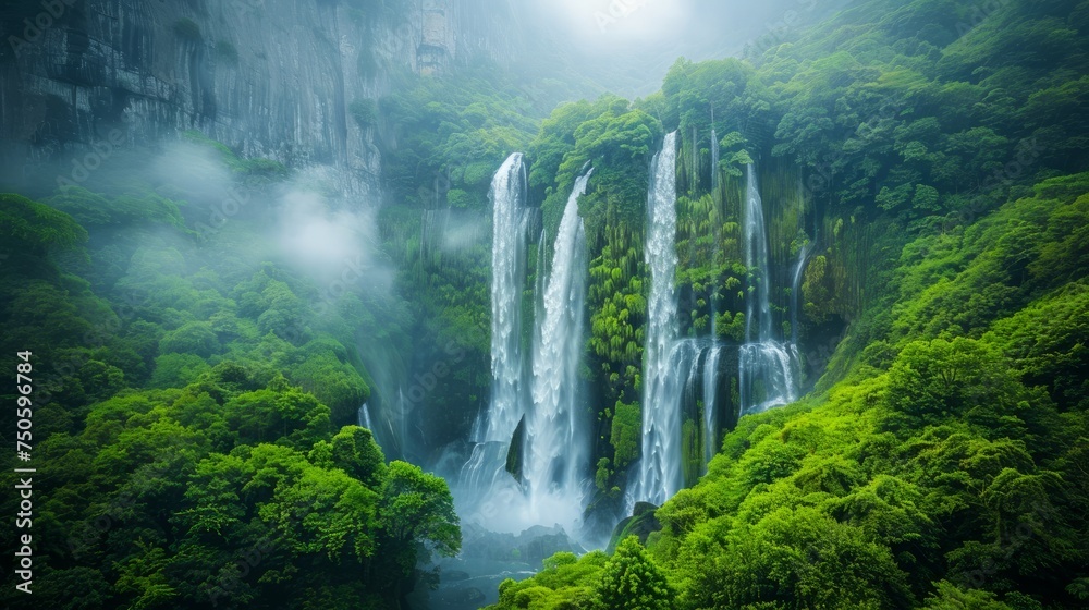 Majestic Waterfalls in Lush Green Forest Scenery with Mist and Ethereal Beauty of Nature Majestic Waterfalls in Lush Green Forest Scenery with Mist and Ethereal Beauty of Nature