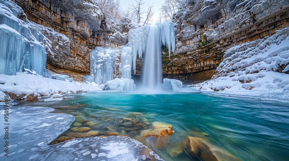 Naklejka premium Majestic Winter Waterfall with Icicles and Snowy Rocks in Pristine Wilderness