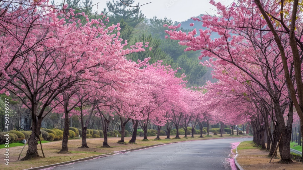 Breathtaking Cherry Blossom Avenue in Spring Season with Vibrant Pink Sakura Trees Lining Tranquil Road Breathtaking Cherry Blossom Avenue in Spring Season with Vibrant Pink Sakura Trees Lining Tranquil Road