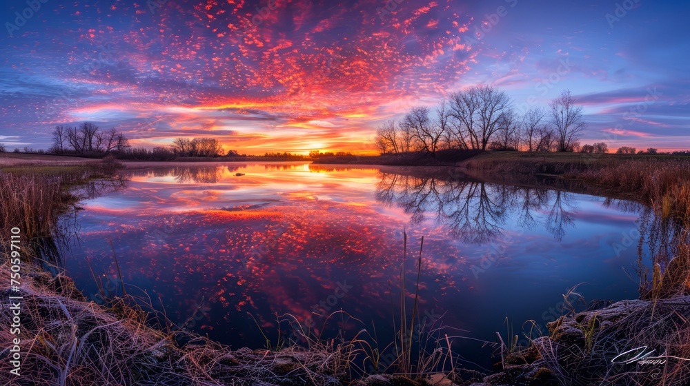 Breathtaking Sunset Over Tranquil Lake With Colorful Sky Reflections and Serene Nature Scenery