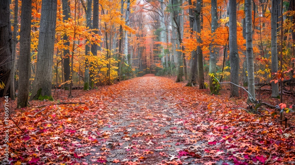 Vibrant Autumn Forest Scene with Fallen Leaves Covering Path Through Woods in Seasonal Change