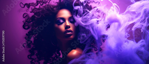Surreal image of a beautiful woman in purple smoke
