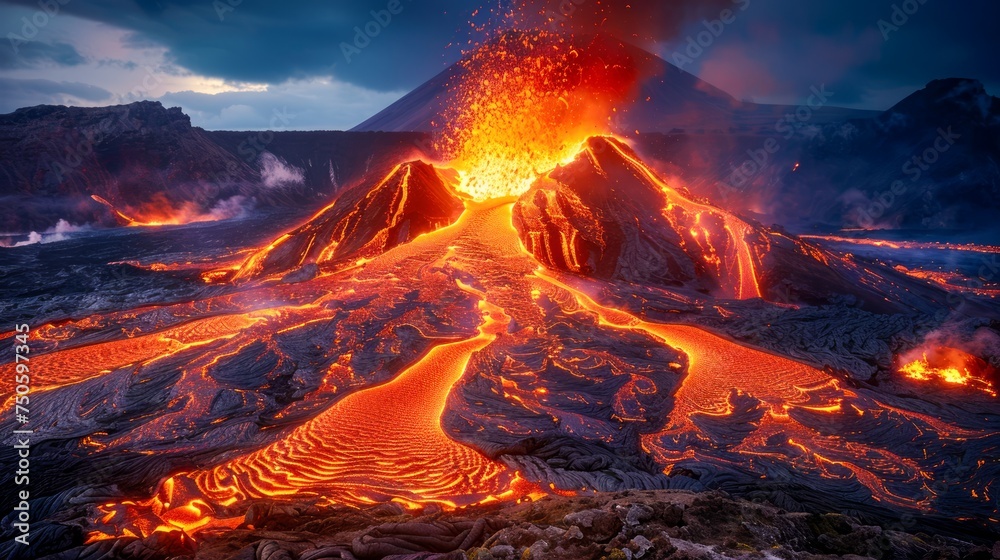Majestic Volcanic Eruption at Dusk with Lava Flows and Explosive Molten Activity in a Rugged Landscape
