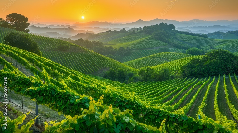 Scenic Sunrise over Lush Green Vineyard Hills Landscape with Misty Valleys and Vibrant Sky