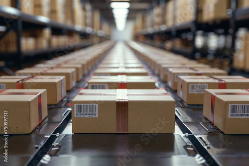 Cardboard boxes on conveyor belt in distribution warehouse. Generative AI image photo