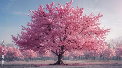 Majestic Pink Cherry Blossom Tree in Serene Landscape with Misty Morning Atmosphere