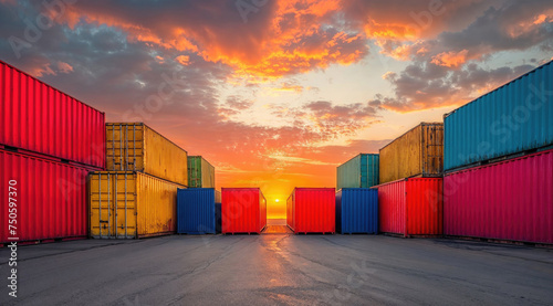 Colorful cargo containers at sunset. Generative AI image photo