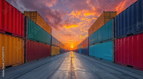 Colorful shipping containers at sunset. Generative AI image photo