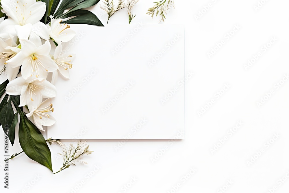 Pristine white lilies with rich green foliage delicately border blank space for a message or design