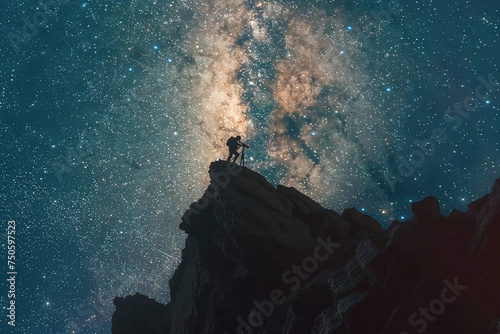 Photographer capturing the Milky Way from a mountain peak. Generative AI image photo