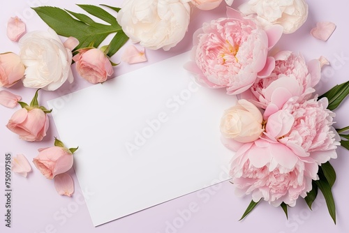 An arrangement of full peonies and roses in blush pink tones encircles a card, evoking romance © Volodymyr Skurtul