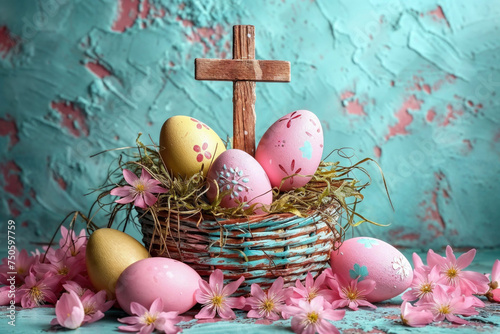 A symbolic generative AI image of painted Easter eggs in a nest with a wooden cross, surrounded by spring blossoms. Generative AI photo
