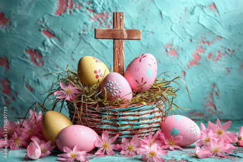 A symbolic generative AI image of painted Easter eggs in a nest with a wooden cross, surrounded by spring blossoms. Generative AI