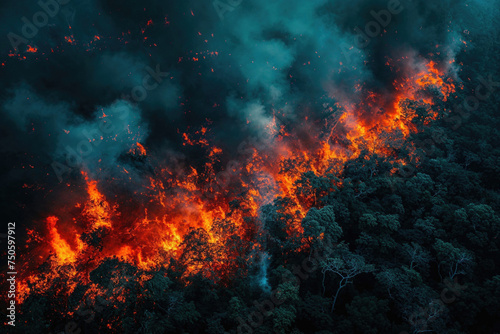 Aerial view of a devastating forest fire at dusk. Generative AI image photo