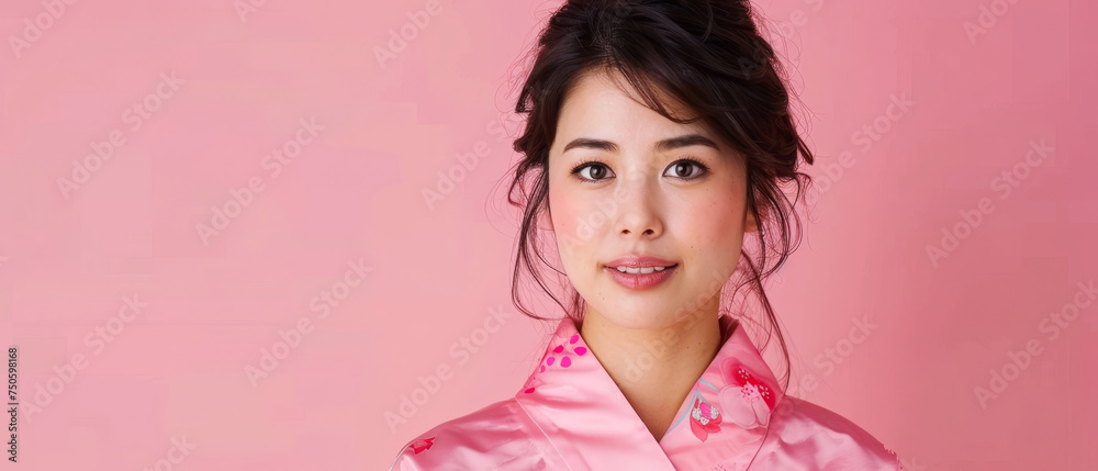 In profile, a young woman adorned in a pink kimono gazes softly away. Her natural beauty is accentuated by the garment's delicate floral pattern.