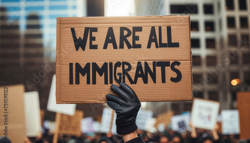 A bold message on a cardboard sign reads 'We Are All Immigrants' at a peaceful rally. Generative AI