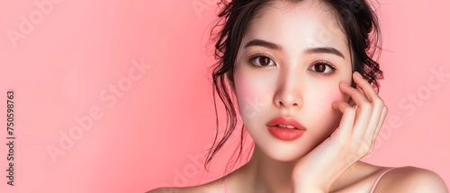 This portrait captures a young woman's poised elegance, her gaze fixed thoughtfully off-camera against a vibrant pink background. Her perfectly applied makeup enhances her facial features.