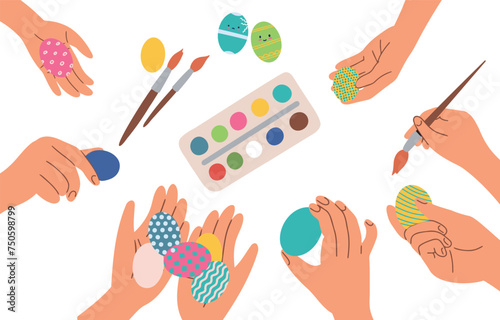 Easter scene. people decorate easter egg with paint brush on wooden table. Easter celebration preparation. Tradition of painting eggs. Flat vector illustration. Creative Personality workplace.