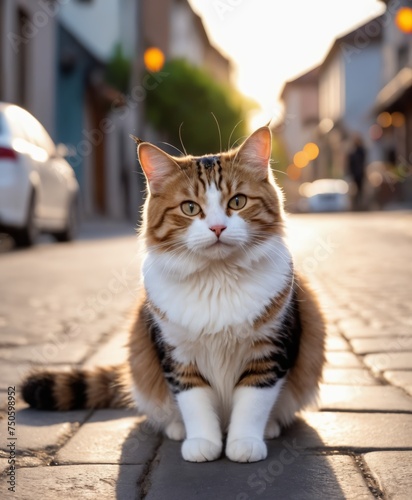 a cat sitting on a street in front of a building with collar 