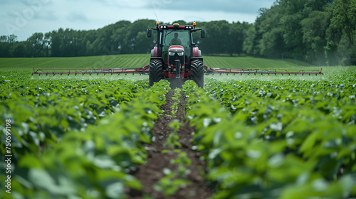 Modern agriculture tractor spraying crops in a green field. Generative AI image photo