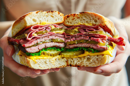 Hearty Deli Sandwich in Hands - Close-up View. Generative AI image photo