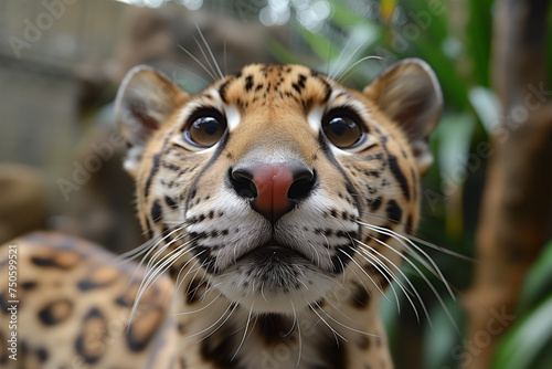 Close-up of a curious ocelot in a natural environment. Generative AI image photo