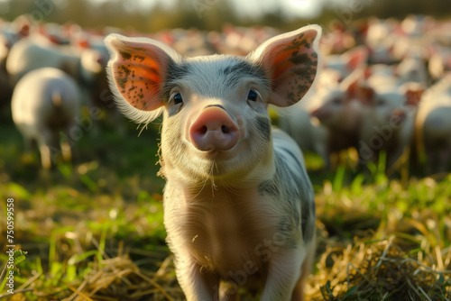 Curious piglet with herd in pastoral scenery. Generative AI image photo