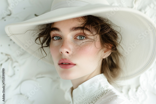 Elegant woman in white hat with a contemplative look. Generative AI image photo