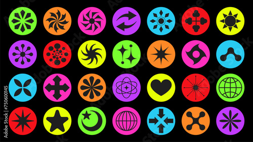 Retro Y2K futuristic design elements. Collection of abstract graphic geometric symbols and objects. Templates for notes, posters, banners, stickers, business cards, logo