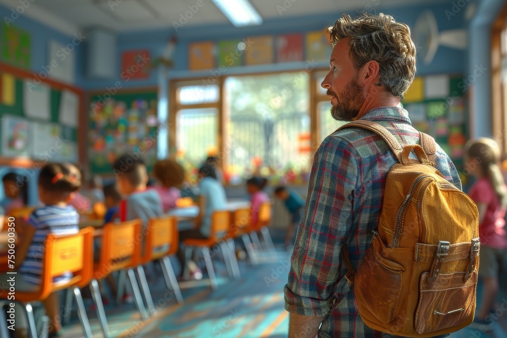 A man with a backpack stands in front of a classroom full of children A man with a backpack stands in front of a classroom full of children