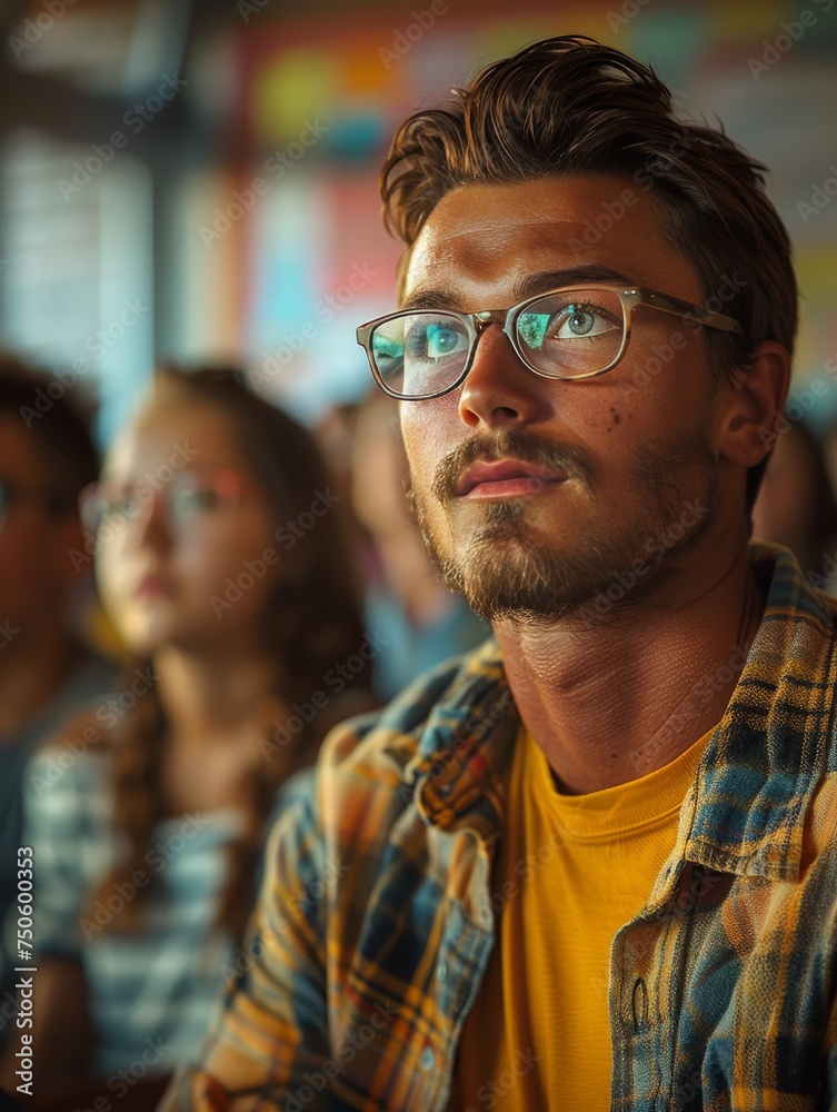 A man with glasses is sitting in a classroom A man with glasses is sitting in a classroom