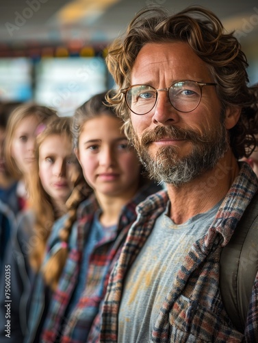 A man with glasses and a beard stands in front of a group of people