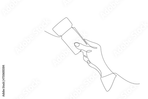 Continuous single line drawing of hand with ticket. One line drawing of passenger ticket for bus, plane, transport. Contour illustration of human hand purchasing ticket. Vector sketch design concept