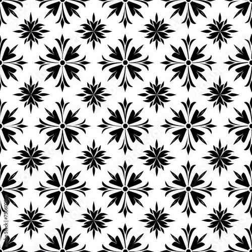 A black and white floral patterned background with a white flower in the center