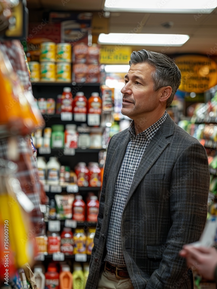 A man in a gray jacket is looking at a shelf of food in a store