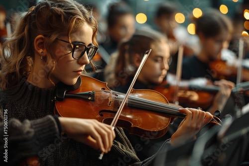 A girl is playing the violin in a group of other girls