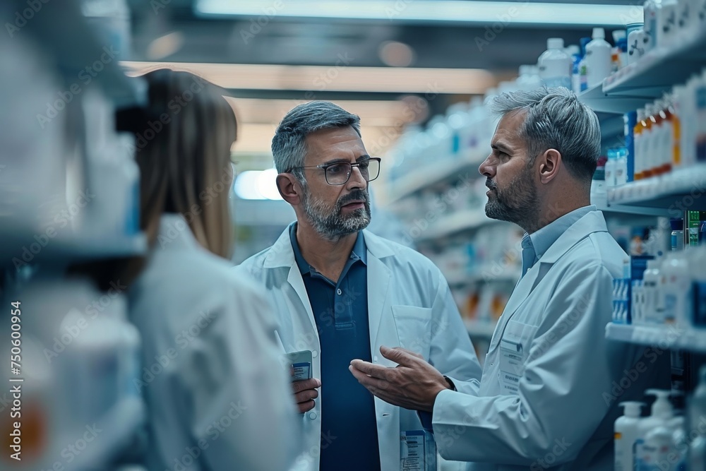 Three men in white lab coats are standing in a pharmacy, discussing a product