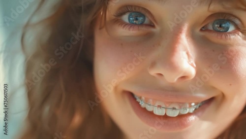 Beautiful girl wear metal ligature braces system. Orthodontic treatment concept. White teeth smile closeup. Health care. Dental service. Bite alignment close up. Happy young woman with brackets. photo