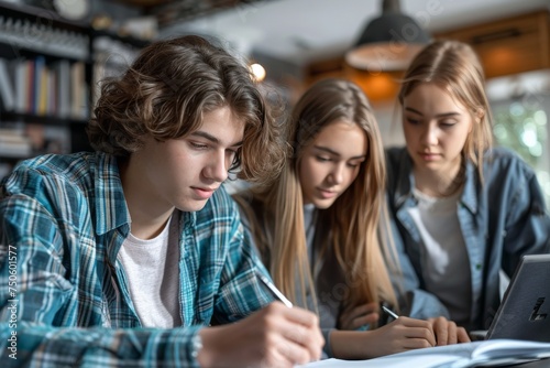 Three young people are sitting at a table in a library © hakule