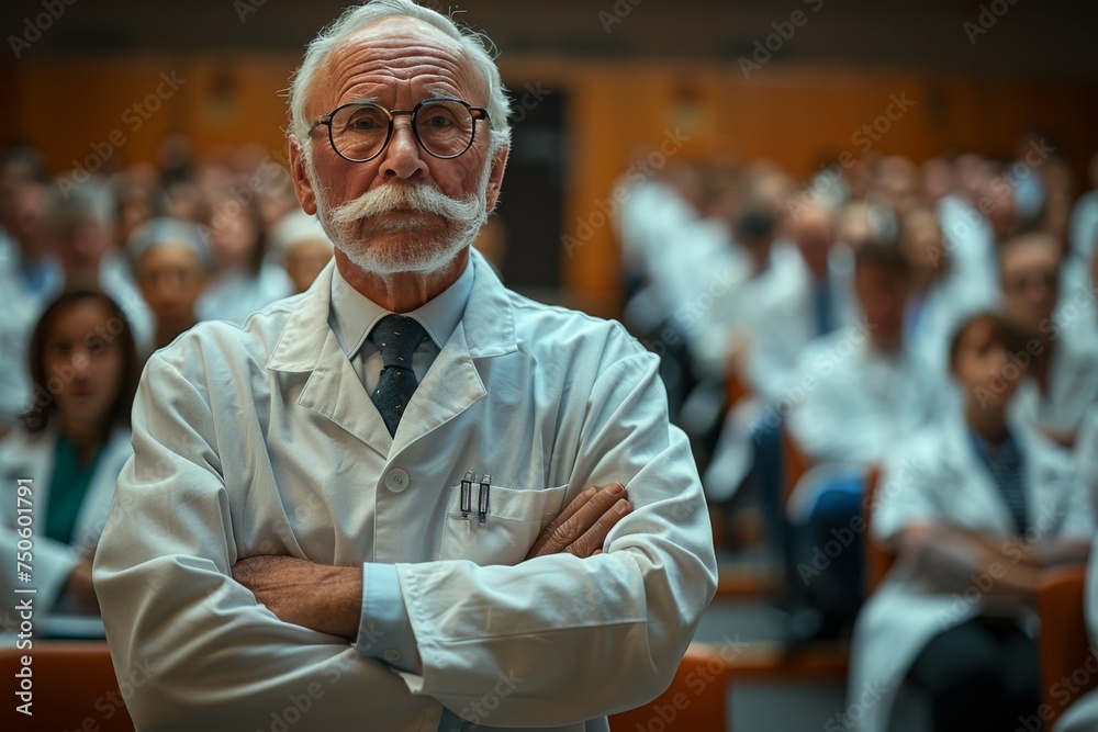 Fototapeta premium A man in a white lab coat stands in front of a crowd of people