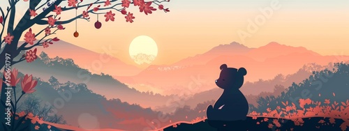 Baby bear looking at the sunset from the distant mountain