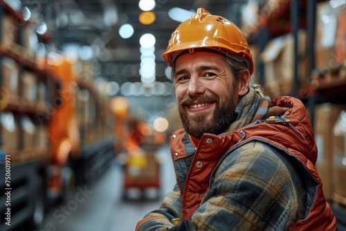 A man wearing a hard hat and orange vest is smiling in a warehouse