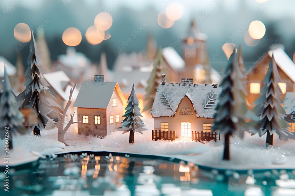 Handmade Papercut Winter Scene with Christmas Village