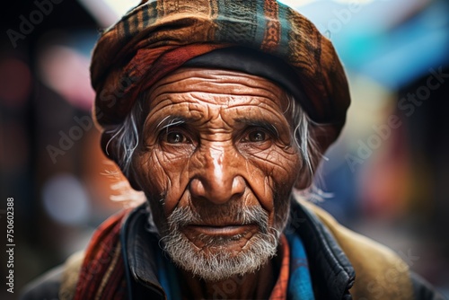 Macro portrait of an elderly asian man with an urban street scene in the background.