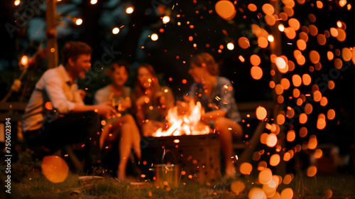 A group of friends is relaxing by the campfire in the evening.