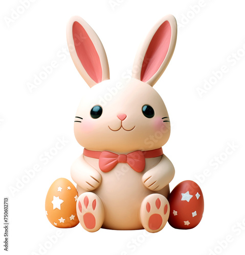 The Easter bunny sits next to decorated eggs on the transparent background in the style of 3D illustration.