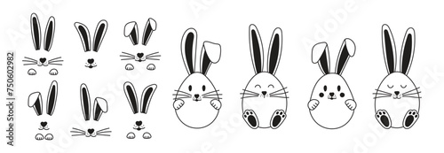 Set of easter bunnies hand drawn, face of rabbits. Ears and muzzle with whiskers, paws. photo