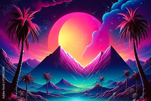 Abstract retro neon background with neon lines converging on the horizon