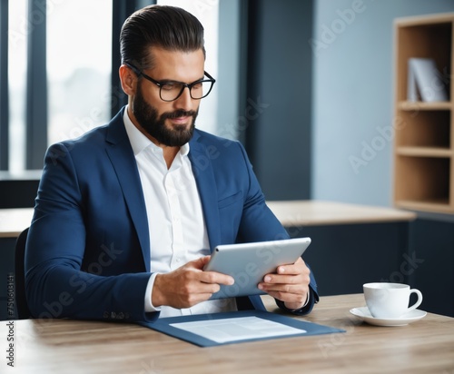 Handsome businessman using tablet in office.